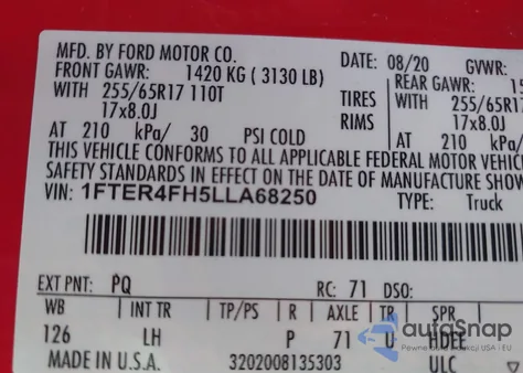 2020 Ford Ranger Xl/Xlt/Lariat z USA, uszkodzony, nr VIN 1FTER4FH5LLA68250